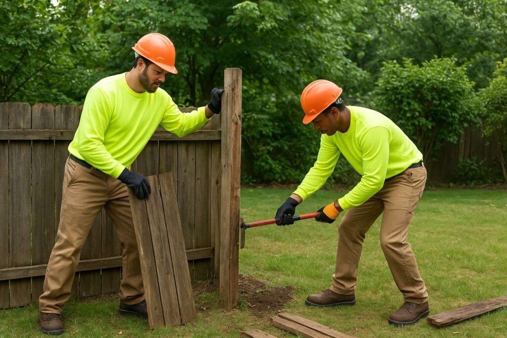 Fence removal in progress with workers safely dismantling a worn-out fence